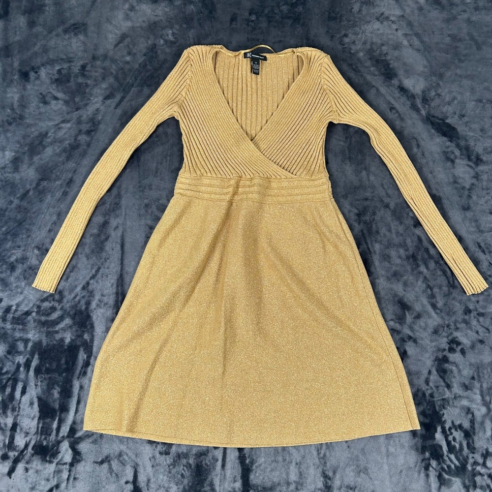 INC Sweater Dress Womens Medium Gold Metallic Ribbed Knit Surplice Long Sleeve